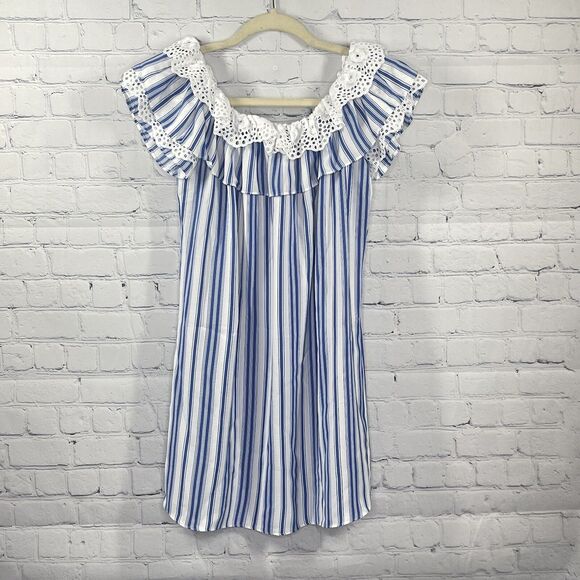 MISA Mini Dress Womens XS Stripe 100% Linen Coastal Coquette Ruffle Beach Resort - Picture 2 of 11